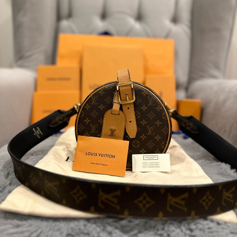 Authentic Petite Boite Chapeau monogram strap included